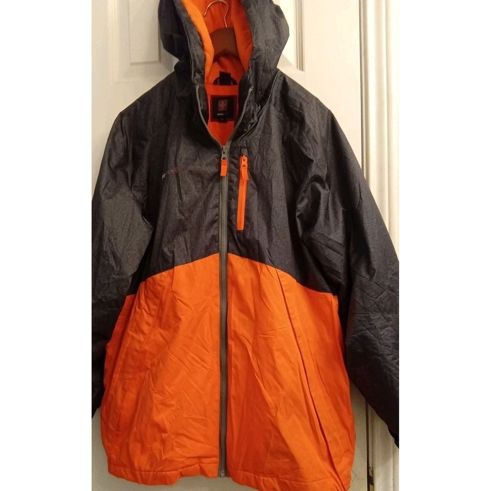 Swiss Tech Mens Hooded Jacket Gray Orange Colorblock Full Zip Fleece Lined‎ XL